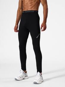 Men Letter Graphic Sports Tights - Black - View 1