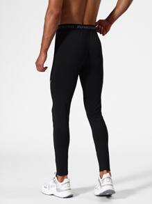 Men Letter Graphic Sports Tights - Black - View 2