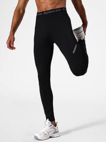 Men Letter Graphic Sports Tights - Black - View 3