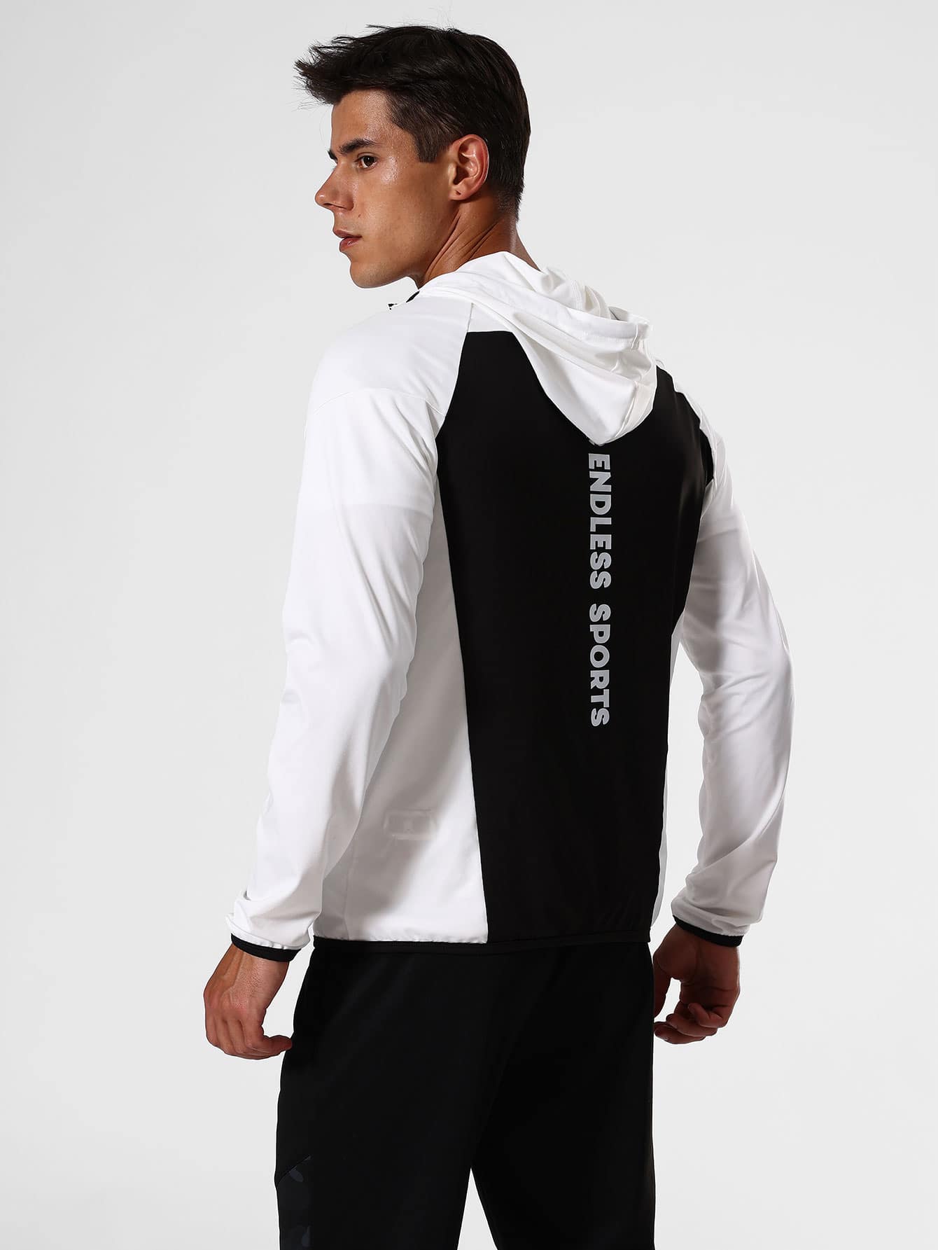Hombres Cazadora deportiva con estampado de letra de manga raglán de dos tonos con capucha - Blanco y Negro - Ver 1