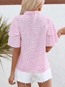 SHEIN Privé All Over Print Tie Neck Layer Sleeve Blouse - Pink - View 2