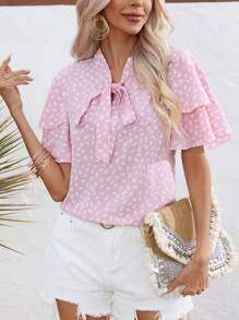 SHEIN Privé All Over Print Tie Neck Layer Sleeve Blouse - Pink - View 3