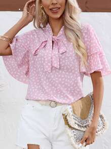 SHEIN Privé All Over Print Tie Neck Layer Sleeve Blouse - Pink - View 4
