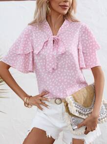 SHEIN Privé All Over Print Tie Neck Layer Sleeve Blouse - Pink - View 5