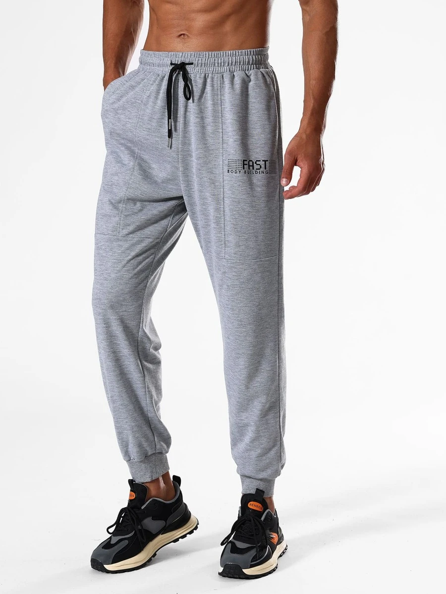 Men Letter Graphic Drawstring Waist Sports Trousers - Grey - View 1