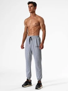 Men Letter Graphic Drawstring Waist Sports Trousers - Grey - View 3