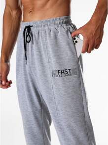 Men Letter Graphic Drawstring Waist Sports Trousers - Grey - View 4