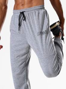 Men Letter Graphic Drawstring Waist Sports Trousers - Grey - View 6