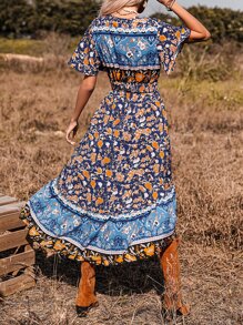 SHEIN VCAY Vestido con estampado floral bajo con fruncido sin cinturón - Azul Marino - Ver 4