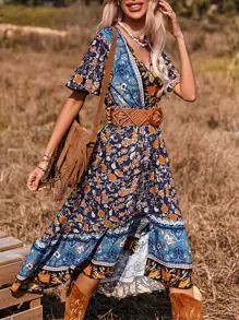 SHEIN VCAY Vestido con estampado floral bajo con fruncido sin cinturón - Azul Marino - Ver 1
