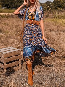 SHEIN VCAY Vestido con estampado floral bajo con fruncido sin cinturón - Azul Marino - Ver 6