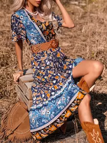 SHEIN VCAY Vestido con estampado floral bajo con fruncido sin cinturón - Azul Marino - Ver 7