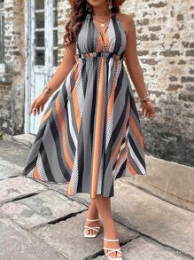 SHEIN Clasi Vestido de lunares & de rayas de espalda abierta con cordón - Multicolor - Ver 3