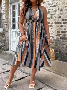 SHEIN Clasi Vestido de lunares & de rayas de espalda abierta con cordón - Multicolor - Ver 4