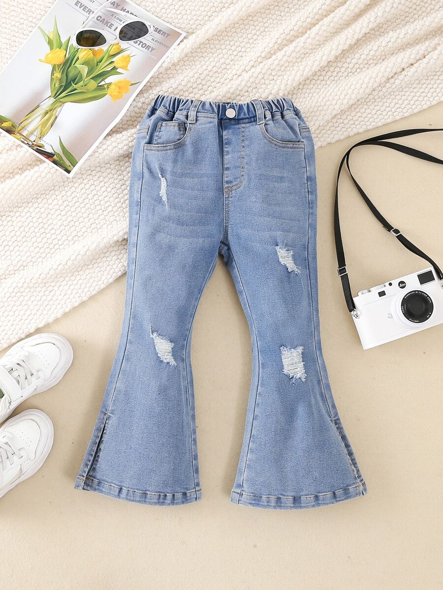Toddler Girls Ripped Split Hem Flare Leg Jeans - Medium Wash - View 1
