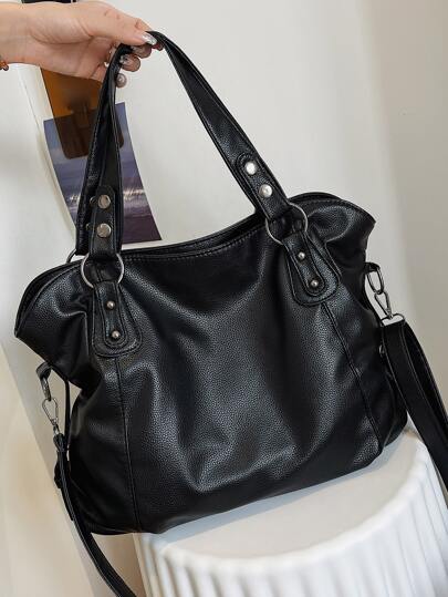 Old Money轻便，商务休闲荔枝压花铆钉装饰单肩手提包，适合青少年女孩女大学生、新秀和白领人士，非常适合办公室、大学、工作、商务、通勤、户外、旅行、郊游，复古复古书包，容量大，便携，适合青少年女孩女大学生，非常适合返校、开学第一天、中学、高中、购物、度假，带拉链的时尚手提包