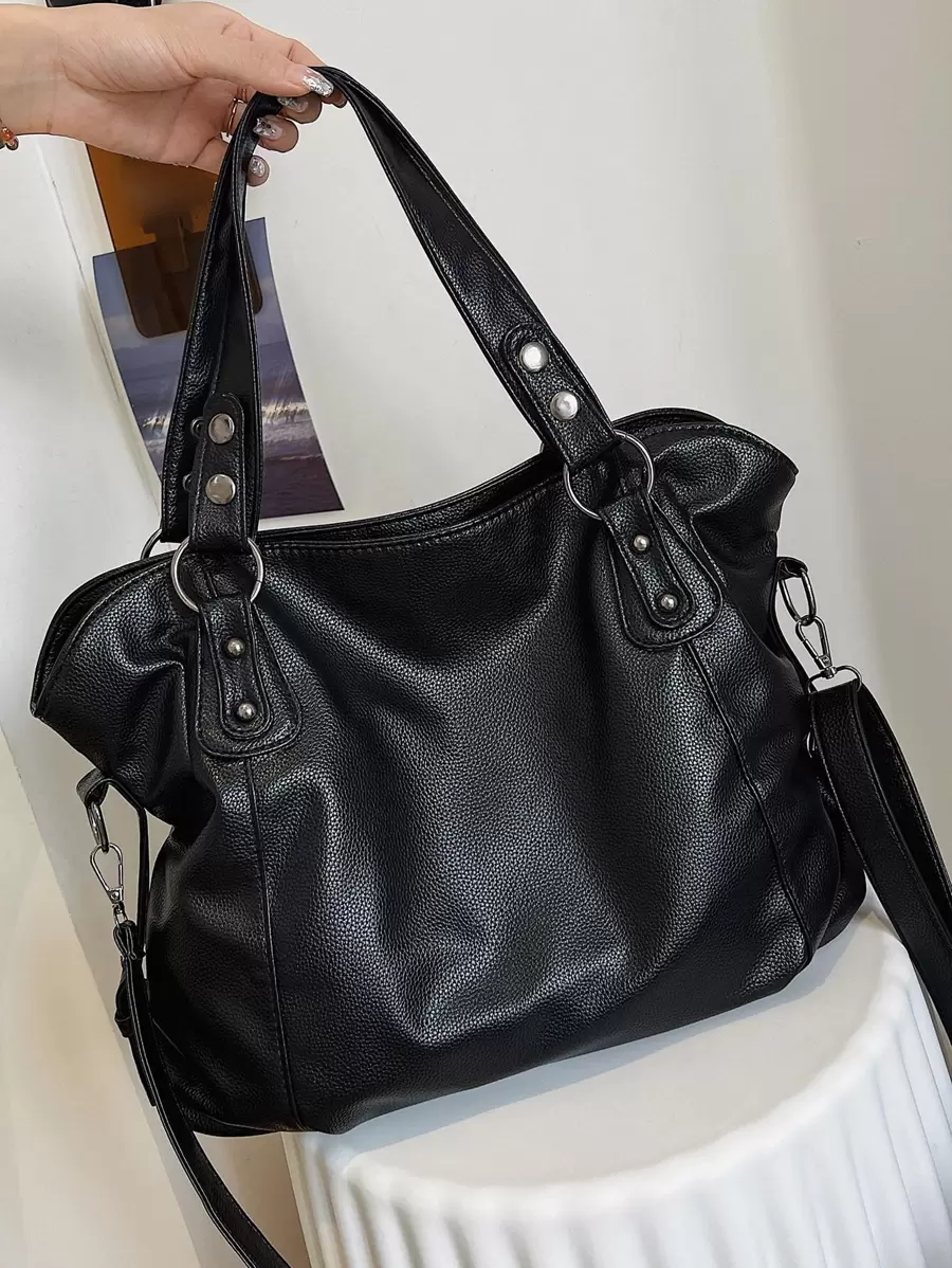 Old Money轻便，商务休闲荔枝压花铆钉装饰单肩手提包，适合青少年女孩女大学生、新秀和白领人士，非常适合办公室、大学、工作、商务、通勤、户外、旅行、郊游，复古复古书包，容量大，便携，适合青少年女孩女大学生，非常适合返校、开学第一天、中学、高中、购物、度假，带拉链的时尚手提包