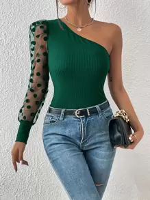 SHEIN Privé 單肩拼接波點網紗羊腿袖T恤 - 綠色 - 查看 1