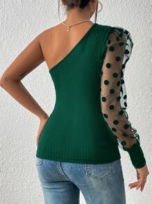 SHEIN Privé 單肩拼接波點網紗羊腿袖T恤 - 綠色 - 查看 2