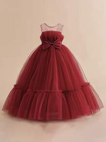 少女纯色腰部蝴蝶结长款薄纱公主裙，优雅大方，适合派对、舞会、婚礼等场合，不含头饰