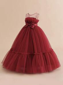 少女纯色腰部蝴蝶结长款薄纱公主裙，优雅大方，适合派对、舞会、婚礼等场合，不含头饰