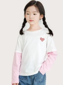 Chicas Camiseta 2 en 1 con estampado de corazón y letra - Blanco - Ver 1