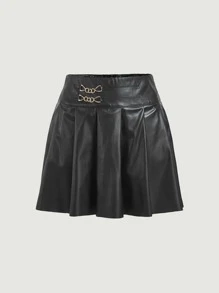 SHEIN Unity Chain Detail Pleated PU Skirt - Black - View 1