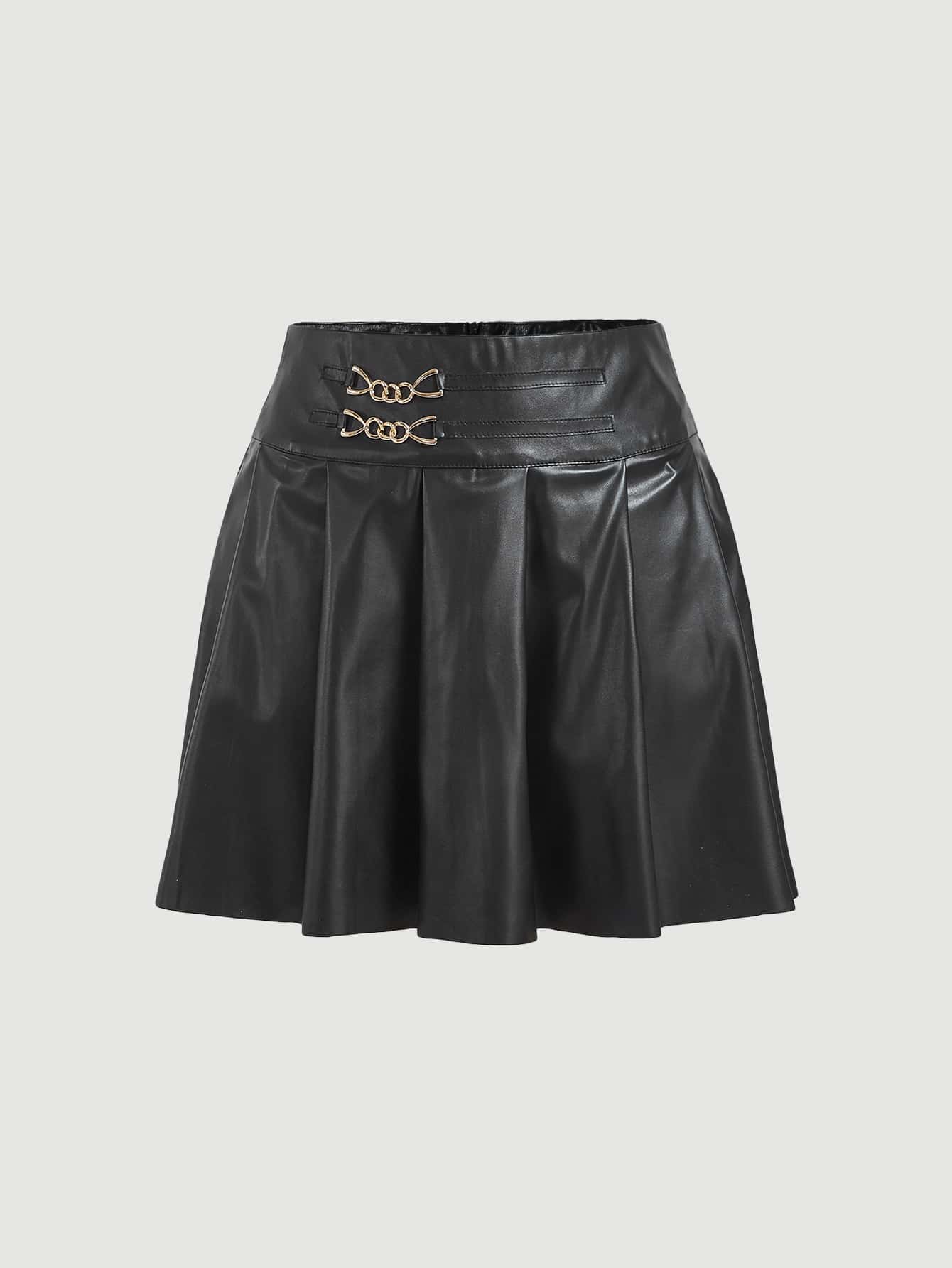 SHEIN Unity Chain Detail Pleated PU Skirt - Black - View 1