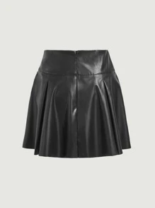 SHEIN Unity Chain Detail Pleated PU Skirt - Black - View 2