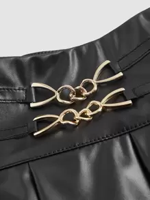 SHEIN Unity Chain Detail Pleated PU Skirt - Black - View 3