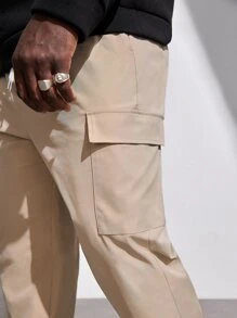Manfinity Men Drawstring Waist Flap Pocket Side Cargo Trousers - Khaki - View 5