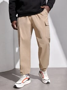 Manfinity Men Drawstring Waist Flap Pocket Side Cargo Trousers - Khaki - View 6