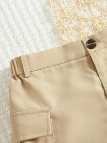 SHEIN Girls Flap Pocket Cargo Shorts - Khaki - View 3