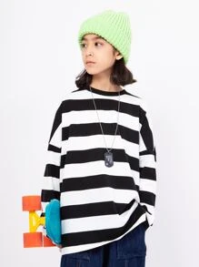 Chico preadolescente Camiseta estilo japones de rayas manga larga , Top casual suelto adecuado resorte otoño - Blanco y Negro - Ver 1