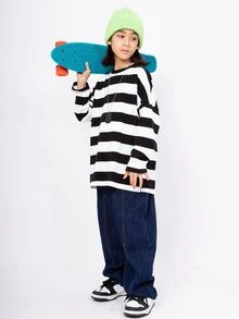 Chico preadolescente Camiseta estilo japones de rayas manga larga , Top casual suelto adecuado resorte otoño - Blanco y Negro - Ver 3