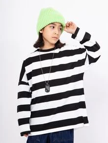 Chico preadolescente Camiseta estilo japones de rayas manga larga , Top casual suelto adecuado resorte otoño - Blanco y Negro - Ver 4