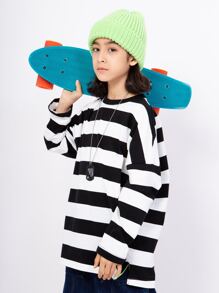 Chico preadolescente Camiseta estilo japones de rayas manga larga , Top casual suelto adecuado resorte otoño - Blanco y Negro - Ver 7