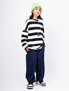 Chico preadolescente Camiseta estilo japones de rayas manga larga , Top casual suelto adecuado resorte otoño - Blanco y Negro - Ver 8