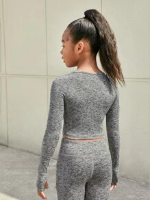 SHEIN 女孩雜色針織拇指孔短款T恤 - 灰色 - 查看 2