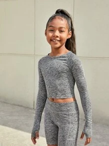 SHEIN 女孩雜色針織拇指孔短款T恤 - 灰色 - 查看 4