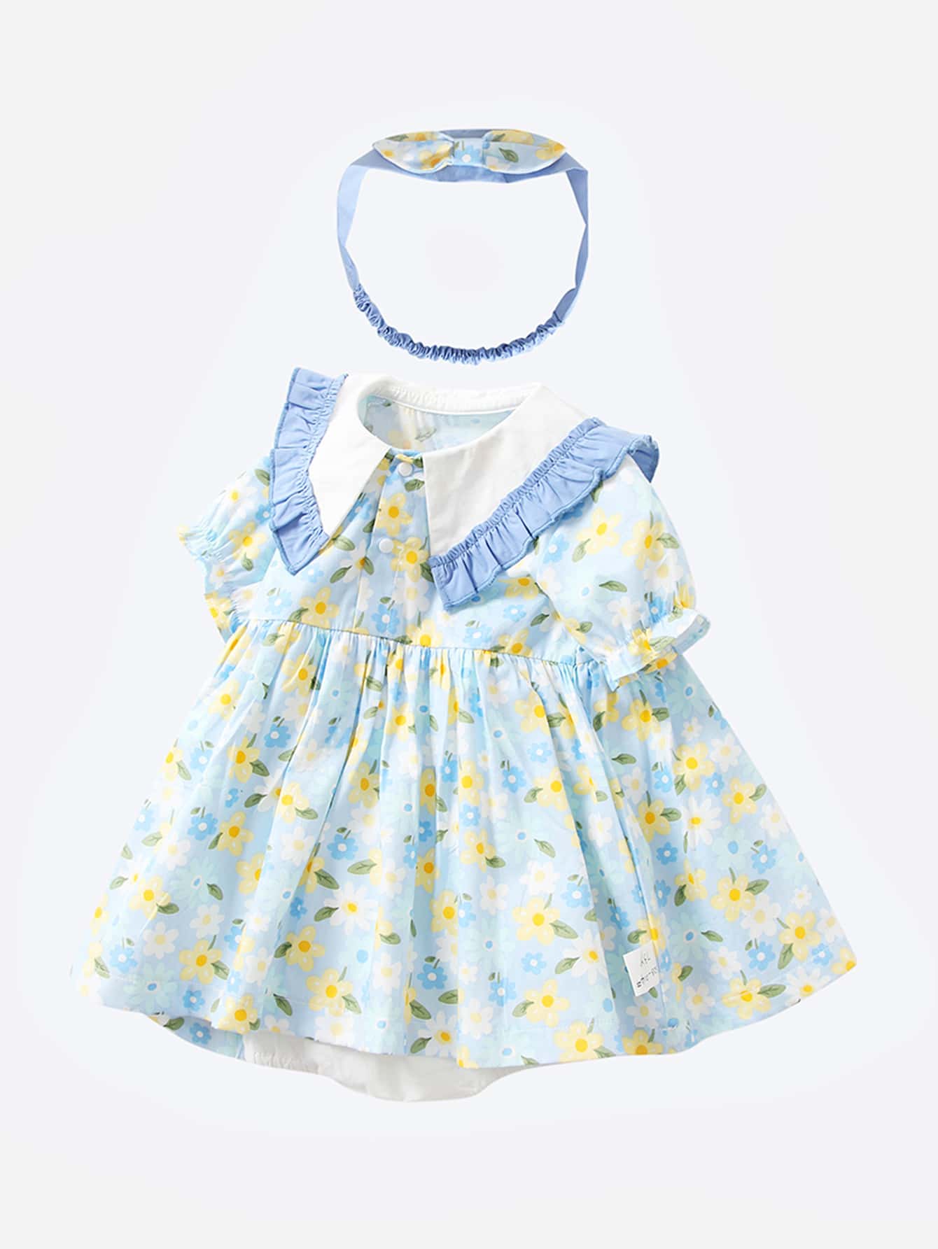 嬰兒女夏季外國風格百天照對比襯邊荷葉領洋裝 - 藍色 - 查看 1