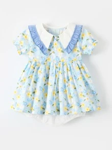 嬰兒女夏季外國風格百天照對比襯邊荷葉領洋裝 - 藍色 - 查看 3