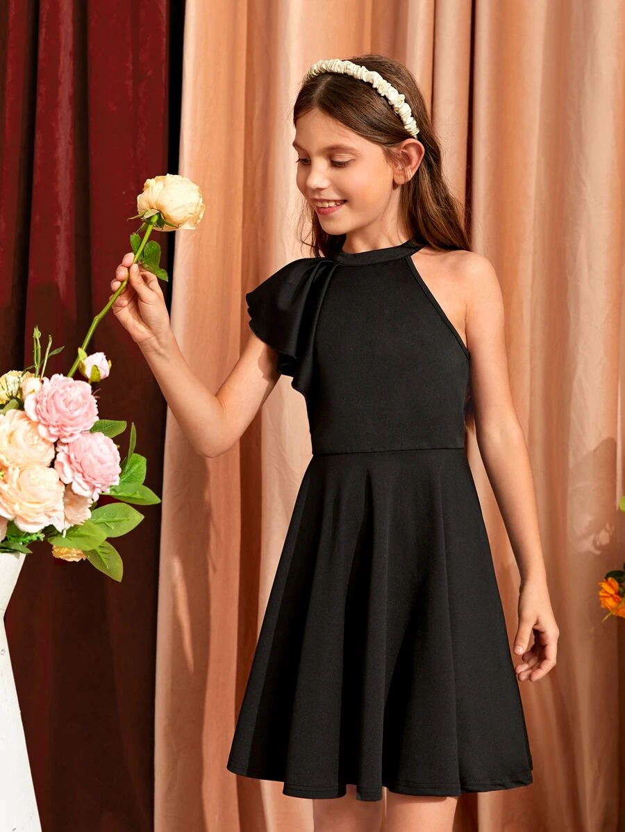 SHEIN 女孩不對稱領荷葉邊連衣裙 - 黑色 - 查看 1