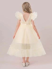 Tween Girls' Elegant & Long Solid Satin Dress With Mesh Waist & Bowknot Decoration, Perfect For Birthday Parties - Beige - View 3