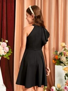 SHEIN 女孩不對稱領荷葉邊連衣裙 - 黑色 - 查看 2