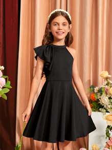 SHEIN 女孩不對稱領荷葉邊連衣裙 - 黑色 - 查看 3