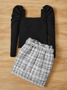 SHEIN 女孩方領羊腿袖T恤和格紋腰帶半身裙