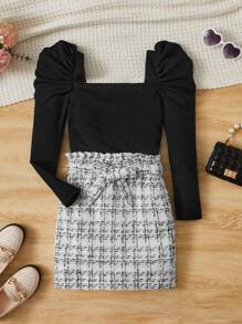 SHEIN 女孩方領羊腿袖T恤和格紋腰帶半身裙