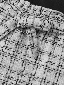 SHEIN 女孩方領羊腿袖T恤和格紋腰帶半身裙