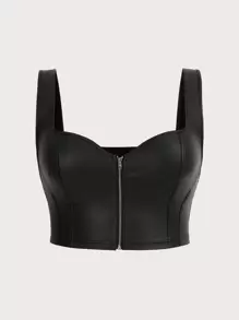 SHEIN ICON Plus Zip Up PU Leather Tank Top, Summer - Black - View 1